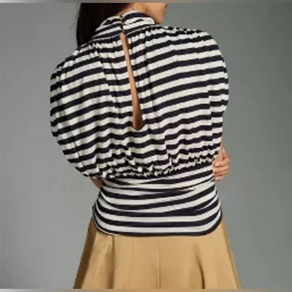 Anthropologie Maeve navy blue and white ruched striped top size small - Picture 2 of 8